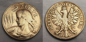 1924 Silver Coin Girl 2 Zlote Lady Poland Woman Polish Eagle Emblem Girl Corn UK