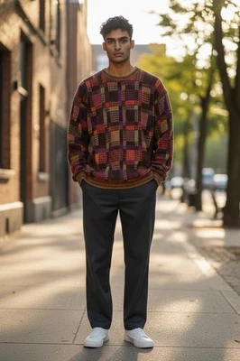 Suéter De Colección Años 90 Jhane Barnes Colorido Tejido Lana Cuello Redondo Grande Geométrico Foto 1 de 4