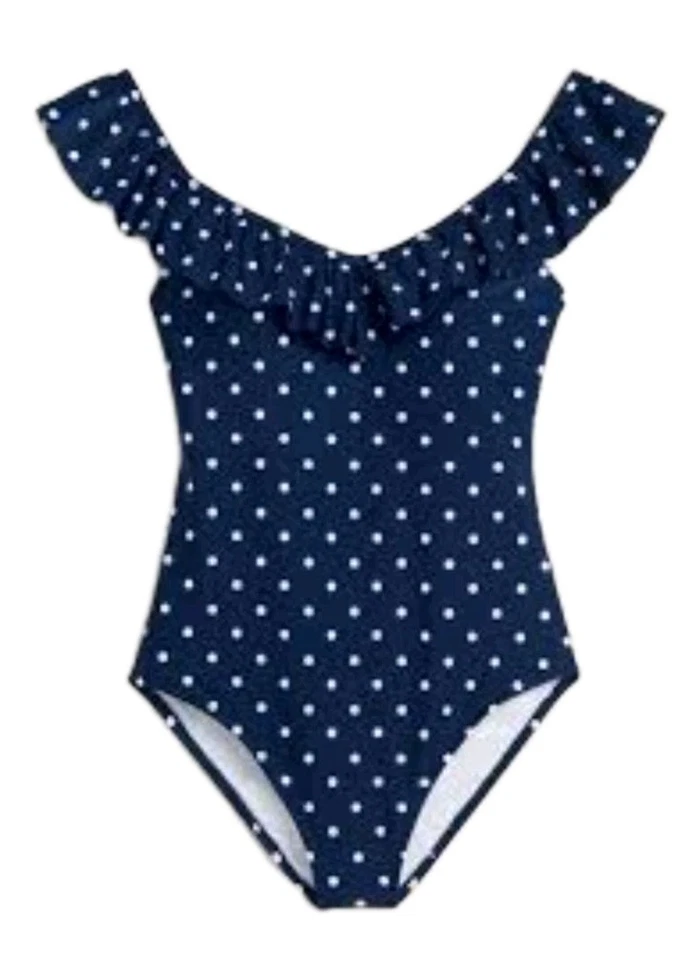 Traje de baño de una pieza a lunares azul marino antiguo para mujer más 2x volantes adelgazantes  Foto 1 de 4