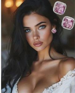 Vintage 14 kt Retro Rosa CZ Omega Ohrringe Sterlingsilber 925 Quadratschliff RAR - Bild 1 von 5