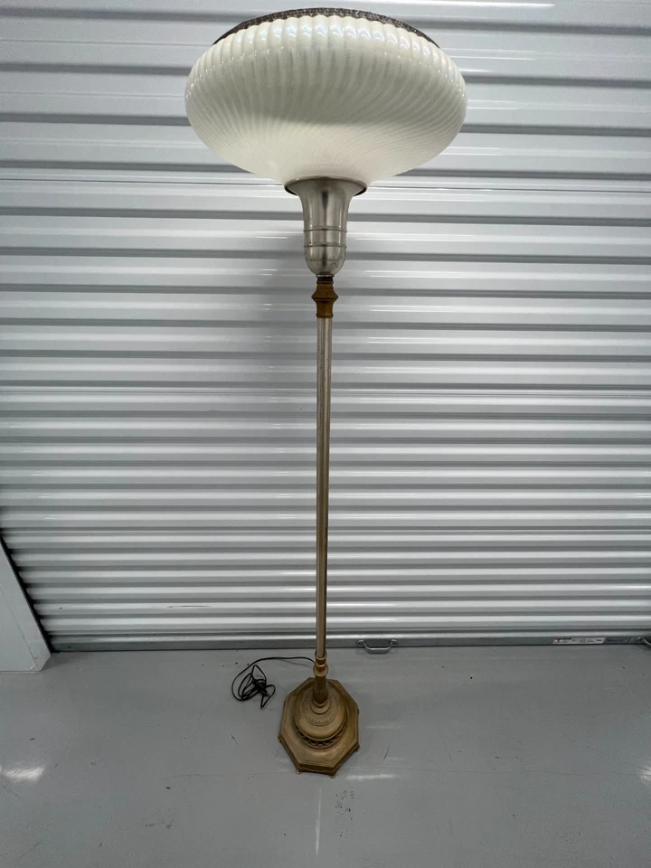 Vintage Rembrandt Torchiere Floor Lamp w/ Ribbed Milk Glass Shade – Art Deco Mid - Image 1 of 4