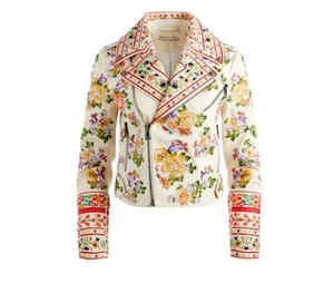 Alice + Olivia New Cody Embellished Moto Leather Jacket Floral White Medium - Picture 1 of 11