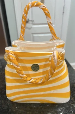 Block Crystal Art Glass Rene Handbag Orange & White Vase #H0008 NIB - Image 1 of 4