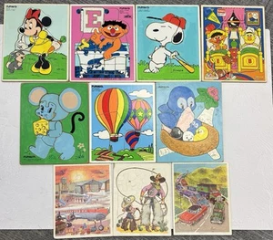 VTG PLAYSKOOL Colorful Wooden Puzzles Lot 10 Disney Sesame Street Cowboy Snoopy - Picture 1 of 15