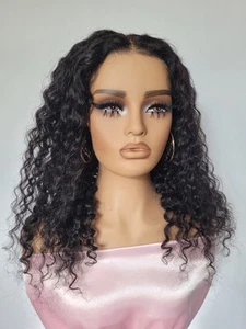 Dark brown black 20" curly afro 100% real human hair lace front glueless wig - Picture 1 of 4