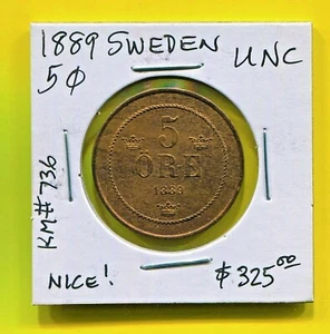 SWEDEN - SPECTACULAR HISTORICAL SCARCE OSCAR II  5 ÖRE, 1889, KM# 736 - Picture 1 of 2