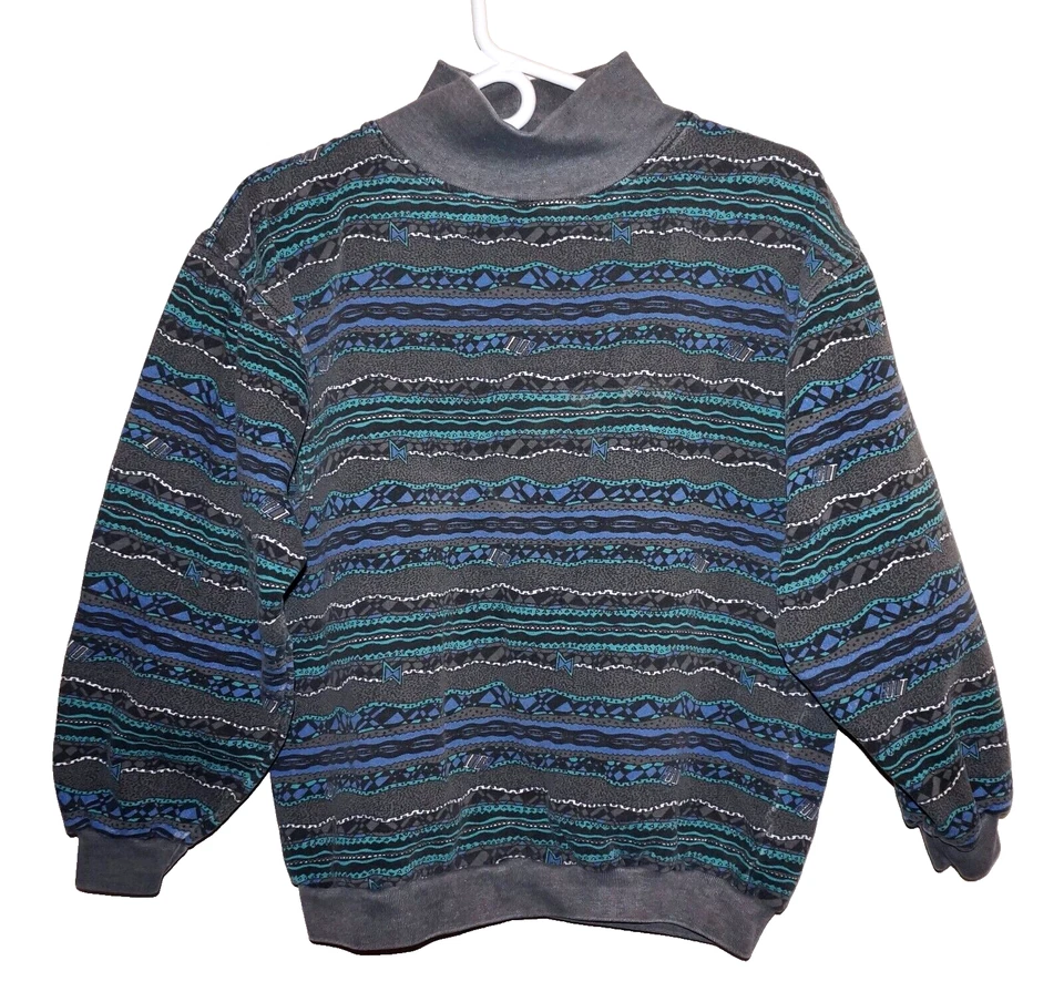 90-е Винтажный МОЛНИЯ БОЛТ серый, бирюзовый и синий пуловер толстовка средний - Изображение 1 из 4