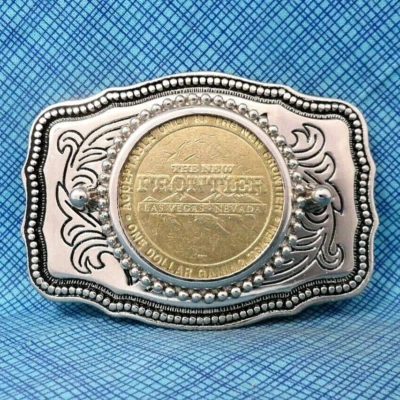 New Frontier Casino Gaming Token Belt Buckle Las Vegas Western Vtg 80s   .XTT443 - Image 1 of 4