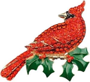 Large Gold Tone Northern Cardinal Brooch with Red Color Crystal Rhinestone Bird  - Picture 1 of 12