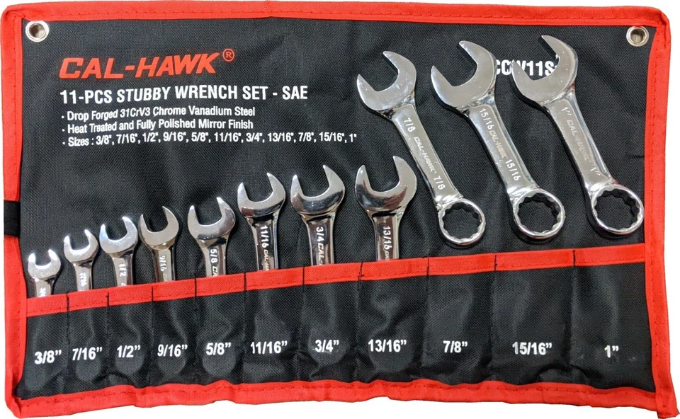 11 pc Stubby SAE midget Combination CRV Wrench Set 3/8"-1" with Canvas Pouch - Image 1 of 1