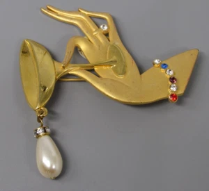 Vintage JJ Woman Hand Champaigne Glass Pearl Dangle Faceted Crystal Brooch - Picture 1 of 5