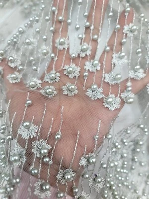 Silver Beaded Embroidery Bridal Lace Fabric 50” Width Sold By Yard Pearls Lace - Image 1 of 4