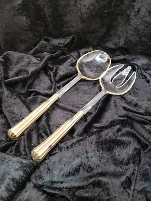 Vintage Plastic Hostess Serving Spoon and Fork/Salad Service Gold Accents  - Image 1 of 4