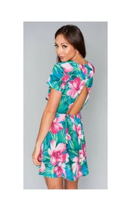 Show Me Your MuMu Ladies Ibiza Mini Lady Luau Stretch Pink Flower Mini Dress-L - Picture 1 of 5