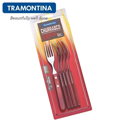 TRAMONTINA 8" Steak Fork Set of 6 Pcs.Grill BBQ Kitchen Forks 21cm Wood GAUCHO  - Image 1 of 4