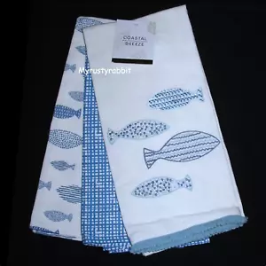 Blue School of FISH Kitchen Dish Towels - Set of 3 - Cotton Coastal Breeze - Picture 1 of 7