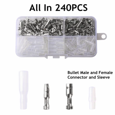 240Pcs Tinned Copper Bullet Bare Terminal 3.9mm Crimp Connector/Sleeve Boxed Kit - Image 1 of 4