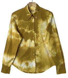 Miguel Ibars Blue Line Tie Dye Crinkle Button Up Shirt Womens Medium Mustard - Picture 1 of 9