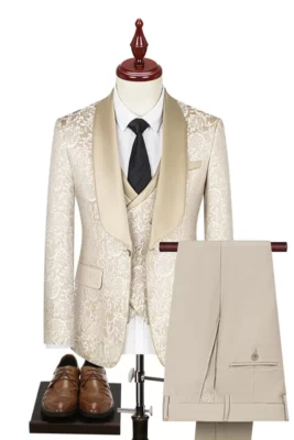 Men 3 Piece Suit Jacquard Shawl Lapel Blazer Prom Groom Tuxedo Wedding Business - Image 1 of 4