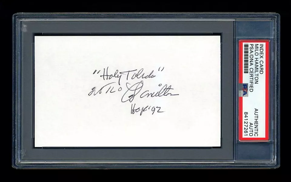 MILO HAMILTON SIGNED INDEX CARD MINT PSA/DNA SLABBED AUTOGRAPHED HOF CUBS ASTROS - Image 1 of 1