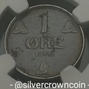 Norway 1 Ore 1945. KM#387. Iron One Cent coin. Haakon VII. WWll. NGC MS61. RARE. - Picture 1 of 8