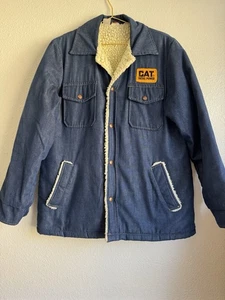 Vtg CAT Diesel Power 80s CAP N JAC Denim Snap Button Sherpa Jean Jacket Sz L - Picture 1 of 13