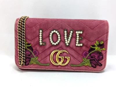 Gucci Velour GG Marmont Velvet Chain Shoulder Bag Pink Floral 488426 2149 Auth - Image 1 of 4