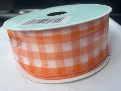 1 1/2” x  30 Ft Wired Edge Ribbon. Orange And White Checkered. Easter Spring - Image 1 of 4