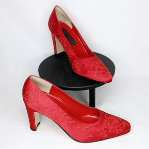 Vintage Jennifer Moore 6.5 M Red Satin Embroidered Botanical 3" High Heel Shoes - Picture 1 of 6