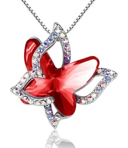 Collier cadeau papillon pierre de naissance cristal, ton argent avec 18”+2” - Photo 1 sur 8