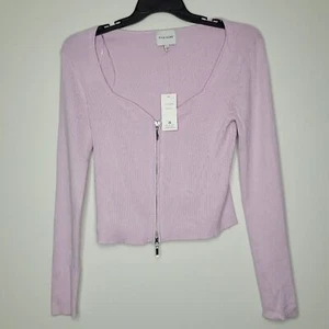 Pink rose lilac ribbed zip front cropped preppy cardigan cute Size large NWT - Picture 1 of 6