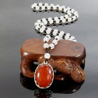 Natural Oval Stone Beads Pendant Silver Plated Crown Collet Agate Chain Necklace