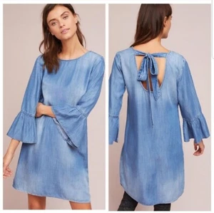 Anthropologie CLOTH STONE Dress 8 Tunic Flutter Sleeve Denim Chambray Neck Tie - Bild 1 von 5