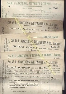 1912-13 Sir W.G.ARMSTRONG, WHITWORTH & Co Ltd DIVIDEND six receipts for shares - Picture 1 of 1
