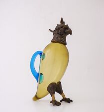 Antique decanter / pitcher - Parrot in glass and metal blue & yellow