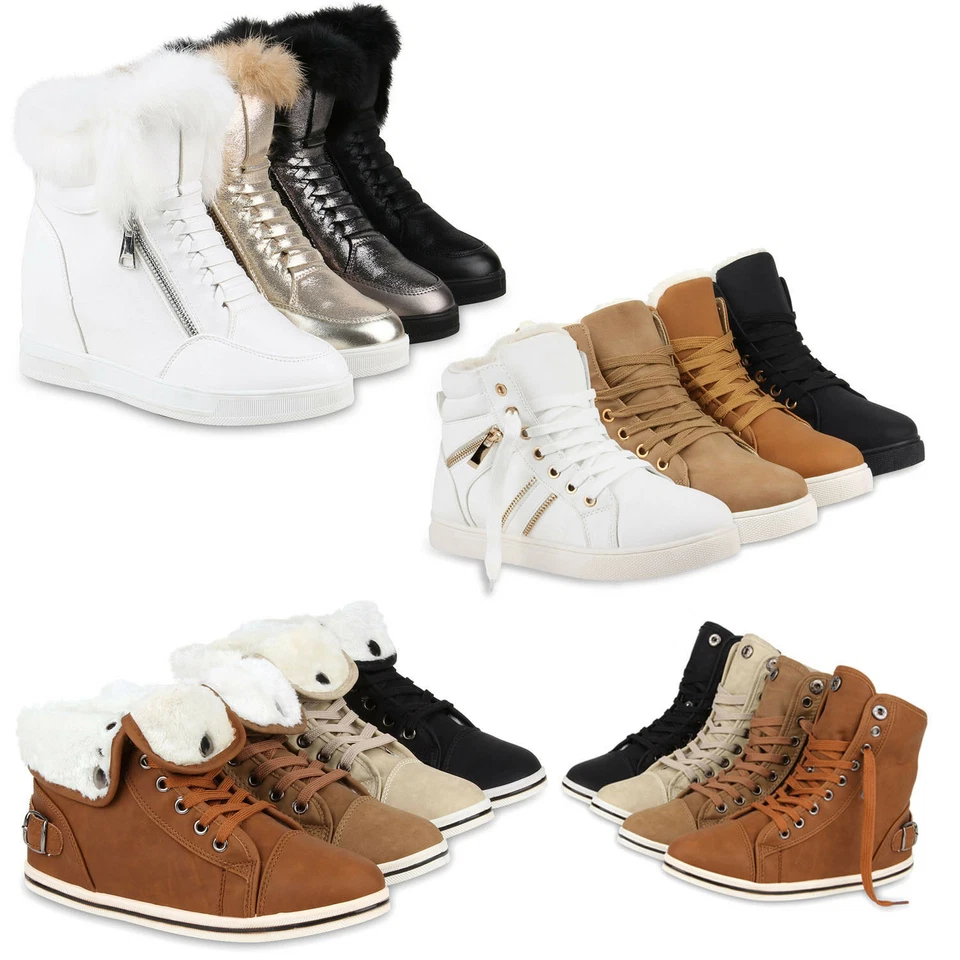 MARKENLOS Warm Gefütterte Damen Sneakers High Top Sportschuhe Leder-Optik 77796 Schuhe