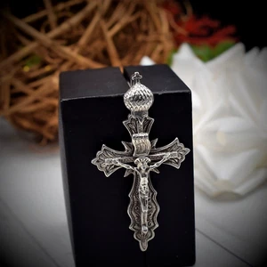 crown Ukraine - Cross icon CHRISTIAN ORTHODOX amulet vtg silver 925 big size - Picture 1 of 19