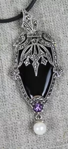 St James Collection- Black Stone Sterling Silver Pendant & 18" Leather Rope - Picture 1 of 6