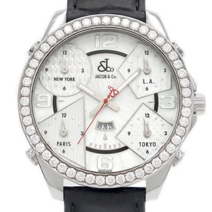 JACOB&Co. Five Time Zone 47mm Diamond Bezel JD-3D Silver Guilloche SS Men Quartz - Picture 1 of 5