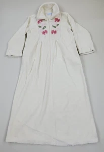 Vintage 80s 90s NATIONAL Chenille Robe Lounge Half Zip Cotton Blend Ivory Floral - Picture 1 of 14