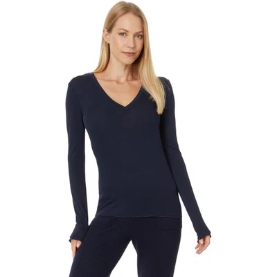 Splendid 女式 M 海军蓝竹制球衣 T 恤 V 领长袖 OS13-13 — 第 1/4 张图片