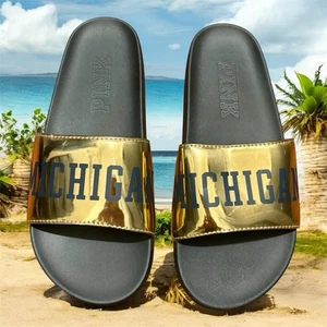 VICTORIAS SECRET PINK “MICHIGAN” GOLD SLIDES /FLIP FLOPS NWOT Size 7 (EU 37/38) - Picture 1 of 6