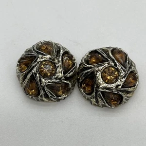 2 Vintage Amber Rhinestone Antiqued Gold Tone Domed Coat Buttons - Picture 1 of 4