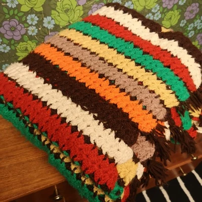 Retro brown Orange Green Stripy Knitted Autumn Colour Double Blanket Bedspread - Image 1 of 4
