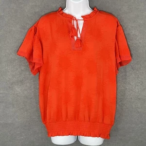 Marc New York Top Womens Sz L Orange Bold Tassels Smocked Trim Embroidery Office - Picture 1 of 13
