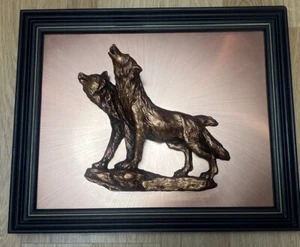 RARE Vintage MCM 3D Howling Wolves Copper Wall Art, Framed Picture 16” by 13” - Picture 1 of 4