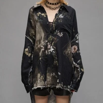 NUEVO CON ETIQUETAS~R13 Camisa de Trabajo Negra Blanqueada Floral Gran Tamaño con Costura Triturada Gota Talla S Foto 1 de 4