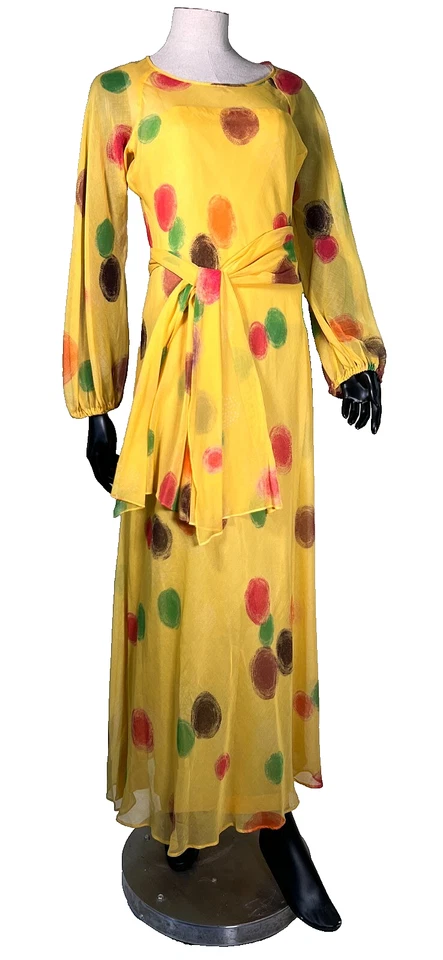 Vestido de crepé amarillo Helga vintage años 60 estampado circular geométrico vestido con tirantes pequeño Foto 1 de 4