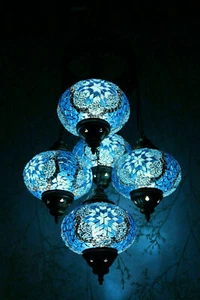 Turkish Moroccan Glass Mosaic Hanging Ceiling Pendant Lamp Light 5 Large Globe - Picture 1 of 3