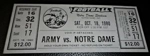 1980 NOTRE DAME vs ARMEE KOMPLETTES STUDENTENTICKET - NEUWERTIG - EIN SELTENER FUND - Bild 1 von 2